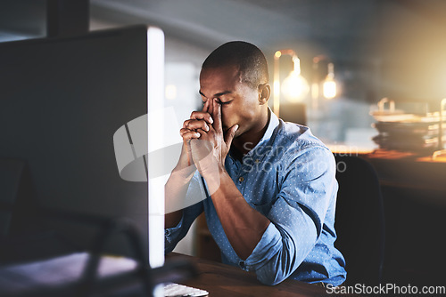 Image of Black man at office, night and stress headache with computer glitch, software problem and burnout. Male professional with migraine, brain fog and working late, frustrated with 404 and business crisis