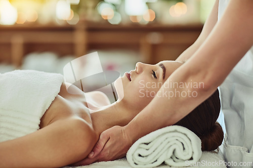Image of Relax, skincare and massage with woman in spa for wellness, luxury and muscle pain treatment. Beauty, peace and zen with female customer and hands of therapist for physical therapy, salon and detox