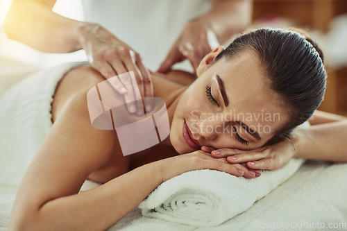 Image of Relax, peace and massage with woman in spa for wellness, luxury and back pain treatment. Skincare, beauty and zen with female customer and hands of therapist for physical therapy, salon and detox