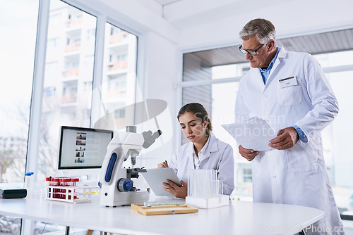 Image of Scientist, tablet and teamwork in forensic science looking at experiment results or collaboration at laboratory. Woman and man in medical research working on technology for scientific research in lab