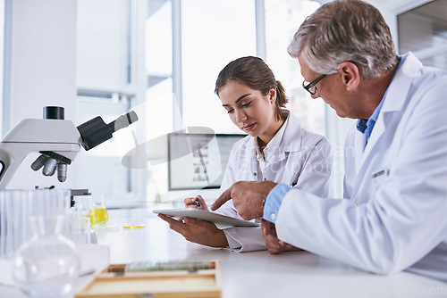 Image of Scientist, tablet and team in forensic science looking at experiment results or collaboration at laboratory. Woman and man in medical research working on technology for scientific research in the lab