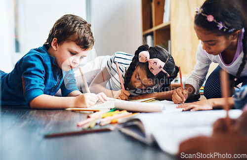 Image of Drawing, writing and kids on the floor, coloring and diversity with fun, education and development. Children, students or kids on the ground, creative and paper in a room, art and school for learning