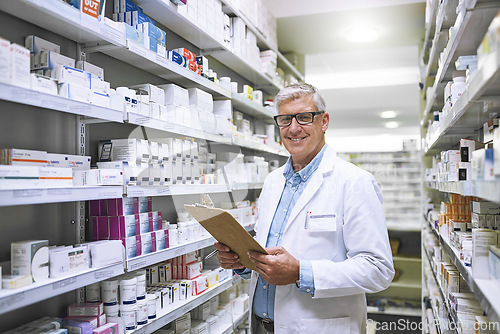 Image of Pharmacy, medicine and portrait of man and clipboard store for checklist, inspection and inventory. Medical, healthcare and pills with senior male pharmacist in clinic for expert, wellness or product