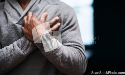 Image of Man hands on chest, heart attack and cardiovascular problem, medical emergency and trouble breathing with closeup space. Sick male person, cardiac arrest and health crisis, pain with angina and weak
