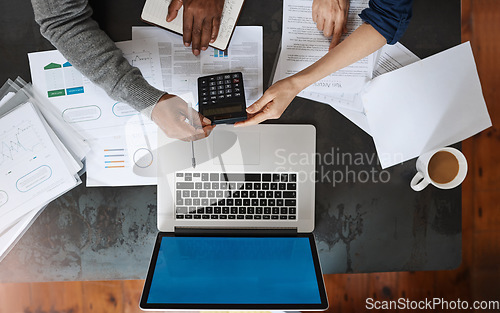 Image of Finance, documents and couple hands with calculator, computer and data analysis, asset management and budget. Financial paperwork, planning and home, mortgage or investment of woman and partner above