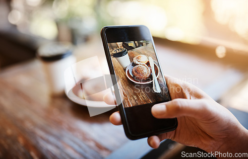 Image of Closeup, hand and woman with a smartphone, copenhagen and memory in a cafe, relax and social media. Female person, screen and girl with a cellphone, mobile and post to internet, pastry and website