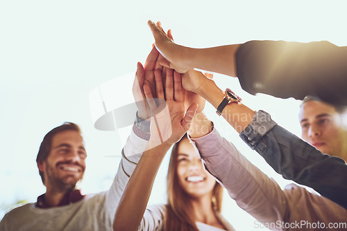 Image of Business people, hands and high five for winning, collaboration or success in unity outdoors. Happy group touching hand for teamwork, victory win or team building in solidarity together in nature