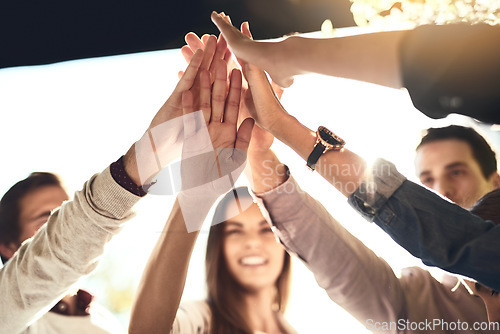 Image of Business people, hands and high five in meeting for teamwork, winning or success in unity outdoors. Group touching hand for team building, victory or collaboration in solidarity together for goals