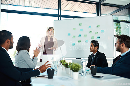 Image of Business, presentation and meeting with teamwork and conversation at the office for training. Professional, leadership and seminar for teaching in a company for planning and ideas during workshop.