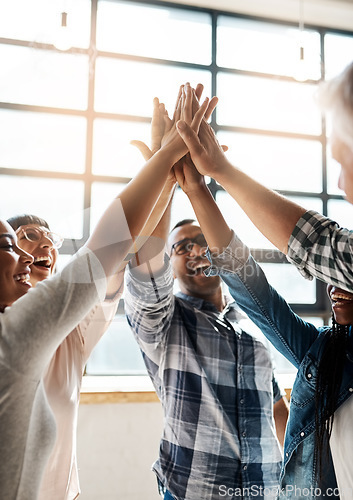 Image of Staff, high five and group with teamwork, achievement and collaboration in the office, career and creative. Team building, happiness and happy woman with man, goal and celebration with solidarity