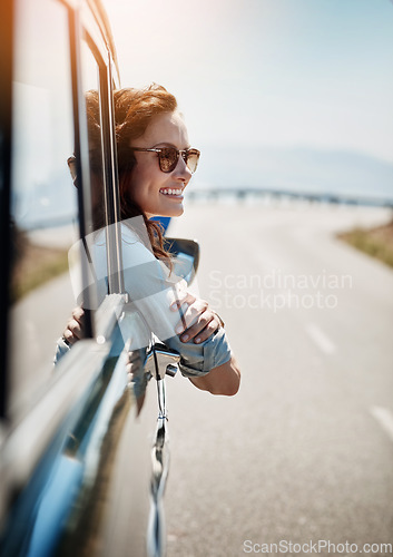 Image of Road trip, travel and happy woman in window of car for adventure, summer vacation and holiday. Transport, relax and face of female person in motor vehicle for freedom, journey and excited for weekend