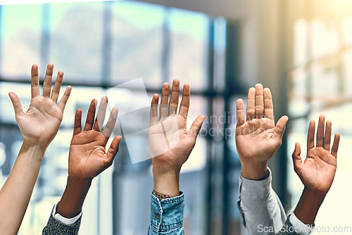 Image of Group, hands palm and diversity people in a office meeting with question at work. Collaboration, teamwork job and solidarity of worker with arms and hand raised in workplace with team community