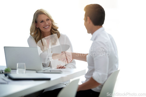 Image of Handshake, job interview or meeting with hr and business people happy in partnership isolated on white background. Recruiting, onboarding with man and woman shaking hands with smile for promotion