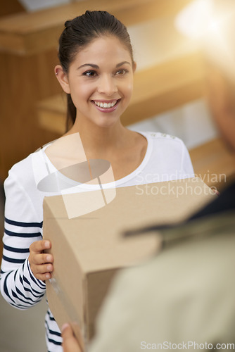 Image of Delivery, box and woman with shipping service, courier or supplier and get a package in a cardboard from distribution. Mail, happy and female person or customer smile for shipment order from home