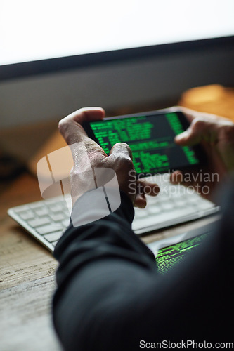 Image of Coding, phone screen and man hands for software data, crack password and hacking internet for cybersecurity crime. Cyber fraud, virus or system code of user, person or hacker programming mobile app