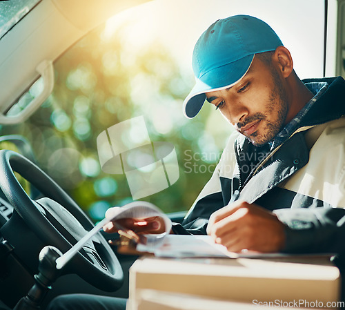 Image of Writing, delivery and checklist with man in car for courier, logistics and shipping. Ecommerce, export and distribution with male postman in vehicle for mail, package and cargo shipment