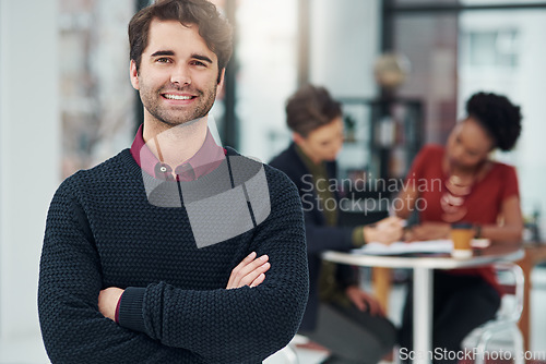 Image of Portrait, business man and smile with arms crossed in office, workplace or corporate company. Face, confidence and male professional, leadership and person with happiness, pride for career and job.