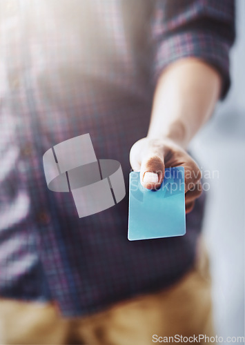 Image of Man, hand and credit card for payment, checkout or purchase product at retail shop or store. Closeup of male person, hands or customer showing debit for shopping, transaction or banking to pay
