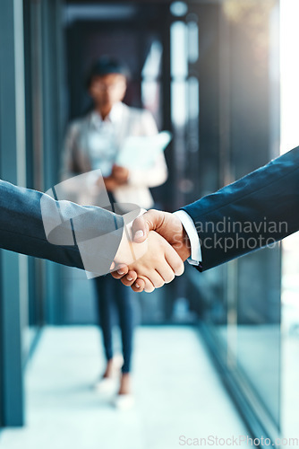 Image of Handshake, business people with agreement and support with collaboration, welcome and introduction. Hiring, recruitment and promotion, corporate team shaking hands and partnership with networking