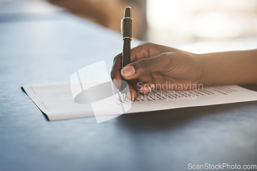 Image of Checklist, tick and hands writing report, agenda or planning administration at work. Receptionist, plan and person with notes on a document for information, project management or working on schedule