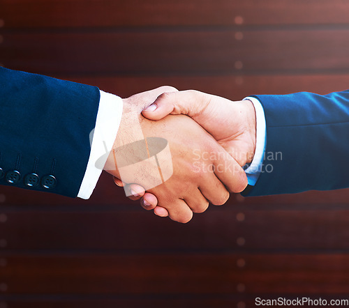 Image of Handshake, agreement and business people with deal, collaboration or partnership. Shaking hands, cooperation and employees with opportunity, acquisition or b2b negotiation, congratulations and mockup