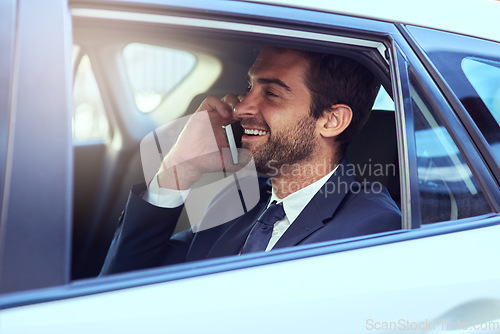 Image of Phone call, smile and business man in car, talking and speaking on journey. Cellphone, taxi and male professional calling, travel and communication, discussion or conversation in motor transport.