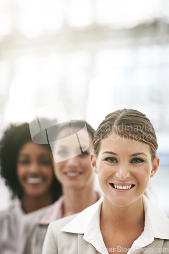 Image of Business people, face and woman management with team in portrait, smile with professional collaboration and mockup space. Company community, success and career mindset with group of female employees