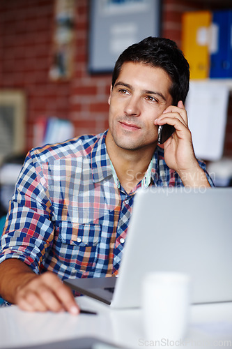 Image of Laptop, phone call and man with startup, office and planning with connection and communication. Male person, consultant or agent with a smartphone, network and consultation with a project and talking