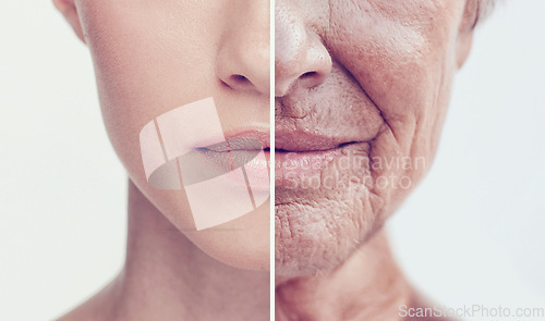 Image of Comparison, old and young women faces in studio for skincare, wrinkles and anti aging care. Face, mouth and half closeup of different ladies with youth, fine lines or cosmetic results for skin change