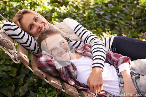 Image of Portrait, hammock and relax happy kid, mom and family bond, care or spending quality time together. Wellness, support and Australia mother, child or people enjoy Mothers Day in backyard nature garden