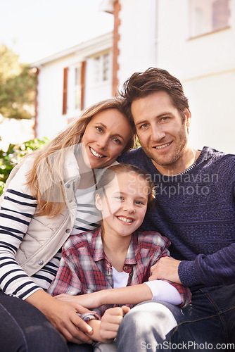 Image of Backyard hug, family portrait and relax parents, child and people bonding, support and quality time outside home together. Love, happy faces and Canada mother, dad and kid enjoy care in garden