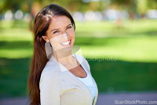 Image of Excited, outdoor and happy portrait of a woman in a park in summer and beauty, fashion and confident in nature. Head, garden and female person or model in Brazil with mockup space, smile and style