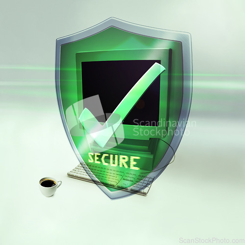 Image of Shield, computer and check for cybersecurity, safe data or information on web by studio background. Pc, cyber security and programming with 3d holographic logo for malware, tech and virus protection