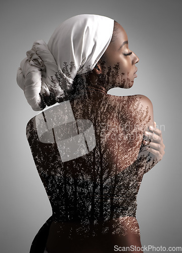 Image of Double exposure, beauty and back of black woman body in studio for creative, mockup and cosmetics. Abstract, art and design with face of female model isolated on gray background for nature and trees