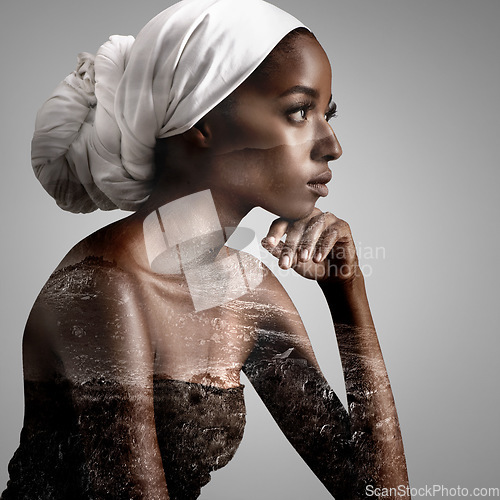 Image of Thinking, beauty and double exposure with black woman in studio for profile, mockup and cosmetics. Abstract, art and overlay with face of female model isolated on gray background for nature and trees