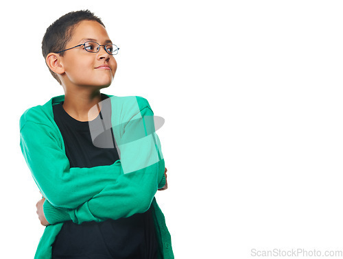 Image of Space, arms crossed and casual with child in studio for thinking, learning and future. Cool, doubt and attitude with young person isolated on white background for idea, education and glasses mockup