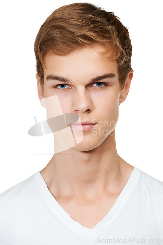 Image of Fashion, serious and portrait of man in studio with confidence, attractive and pride on white background. Youth, confident and face of isolated handsome young male person with focused expression