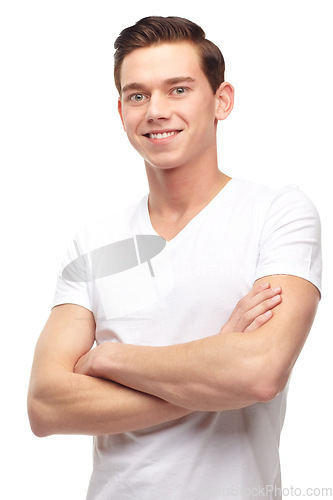 Image of Fashion, happy and arms crossed with portrait of man in studio for confident, positive and casual. Trendy, smile and face with male model isolated on white background for happiness, natural and cool