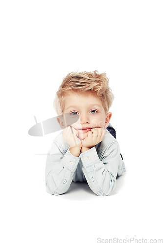 Image of Kid, model and portrait with shirt in studio background for fashion and youth of a person with confidence. Boy, child and calm in clothes with face for children with hair and confidence for kids.