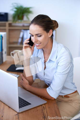 Image of Phone call, happy woman and laptop in office for planning, consulting and communication. Female worker talking on smartphone at computer for networking, business administration and online management