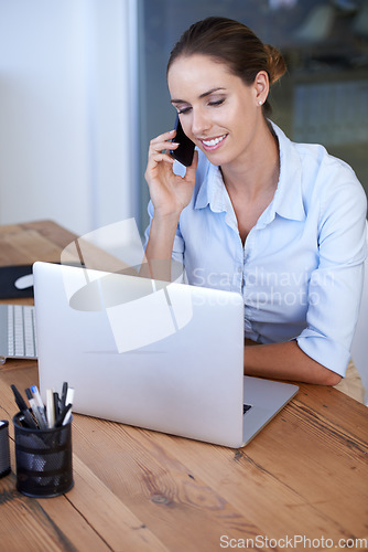 Image of Phone call, business woman and laptop for networking, planning and communication. Happy female worker, smartphone and mobile consulting at computer for connection, digital contact and administration