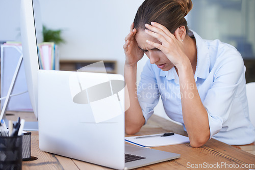 Image of Business woman, laptop problem and headache in office for anxiety, crisis and 404 glitch. Stress, burnout and frustrated female employee worried at computer for mistake, online fail and tech disaster