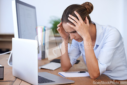 Image of Headache, laptop problem and confused woman in office for anxiety, tax crisis and 404 pc glitch. Stress, burnout and frustrated female employee worried at computer for mistake, fail and tech disaster
