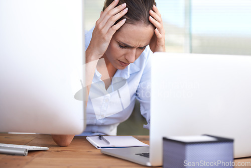 Image of Headache, stress and problem of woman in office, laptop and brain fog for anxiety, depression and glitch. Burnout, mental health and sad female employee worried at computer for mistake, fail and risk