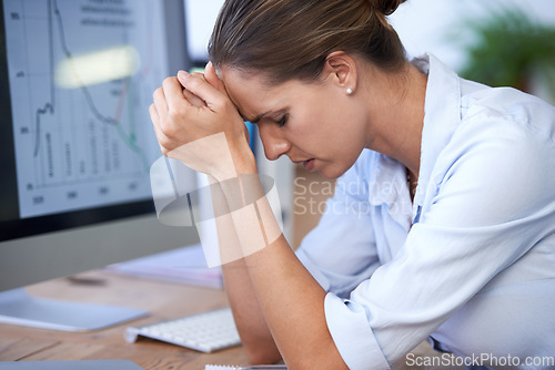 Image of Business woman, computer and stress for bankruptcy risk, stock market crash or financial crisis. Worried female worker with anxiety, debt and headache for poor economy, problem and depression at desk