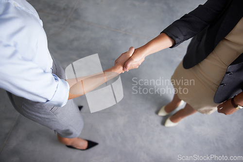 Image of Top view, handshake and business women in office for consulting deal, thank you or agreement. Closeup of employees shaking hands in collaboration, welcome and teamwork of b2b support, trust or hiring