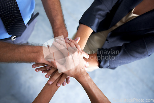 Image of Top view, hands and team building of business people for support, solidarity and winner of success, target and trust. Hand, stack and group collaboration in mission, winning partnership or commitment