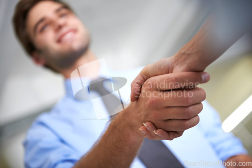 Image of Closeup of people, handshake and business deal for teamwork, thank you and sales agreement of partnership. Hiring, networking and man shaking hands in collaboration, welcome and consulting of success