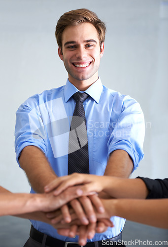 Image of Portrait, happy business man and team building huddle, support and target of success, agreement and trust. Businessman, stack hands and cooperation of collaboration, teamwork and partnership goals