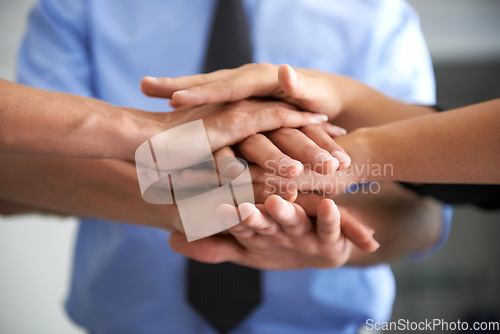 Image of Teamwork, closeup and hands stack of people in motivation, support and winner success, partnership or about us. Hand huddle, group or cooperation of mission, business deal or integration celebration